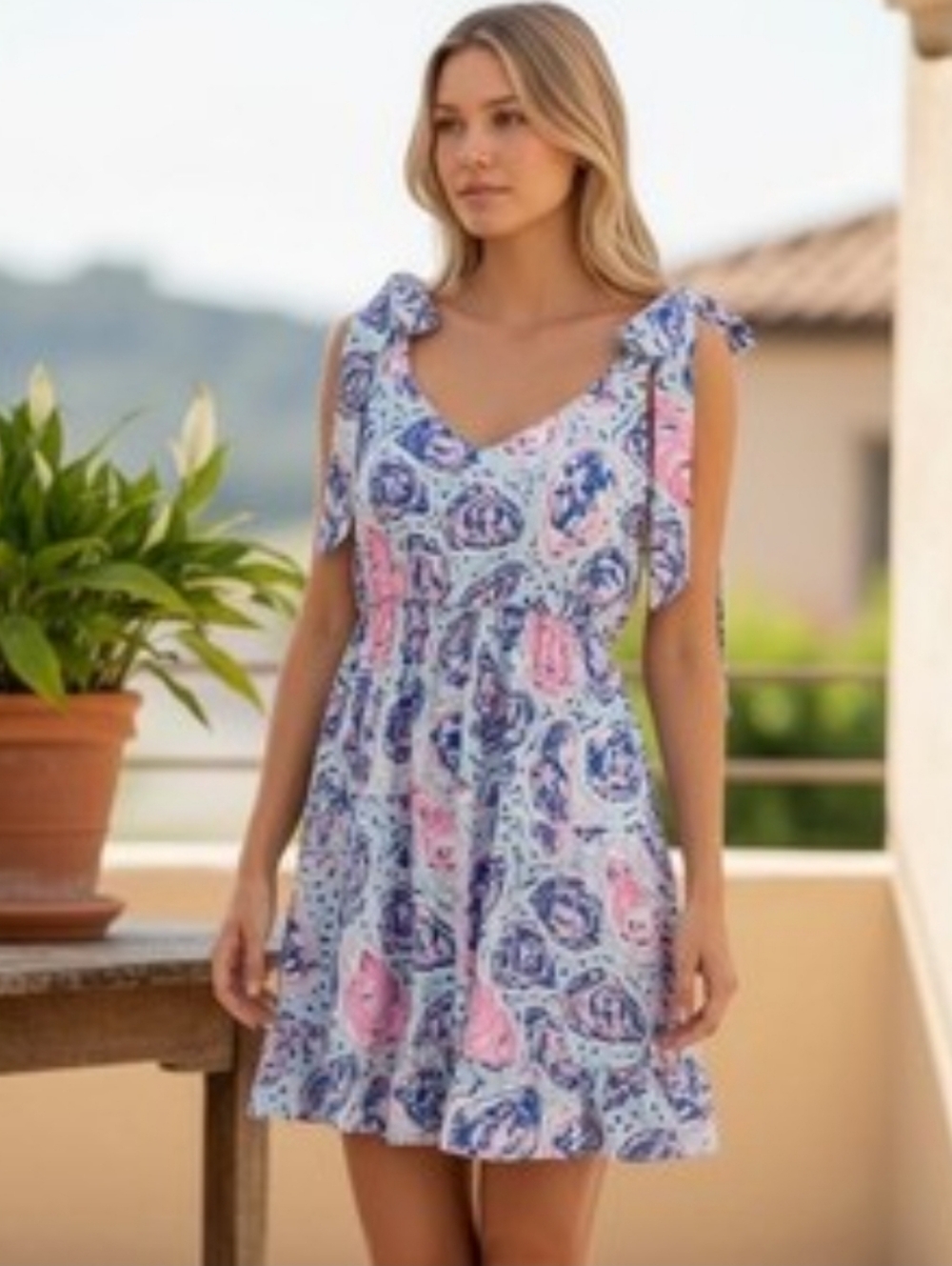 NWT Simply Southern Oyster Tie-Shoulder Cutout Sundress in Pink & Blue